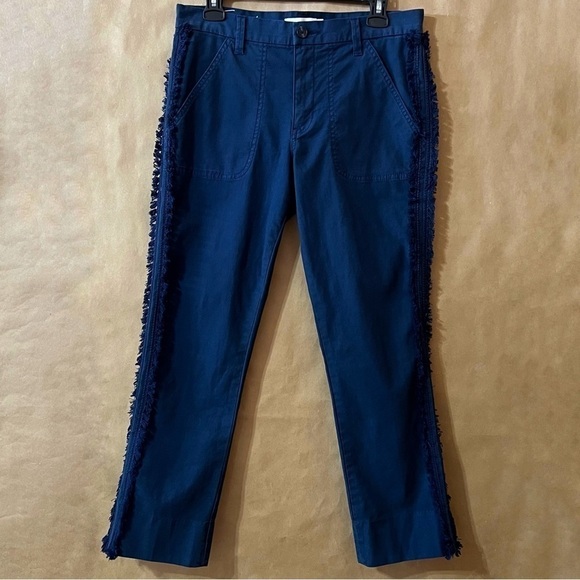 Tory Burch | Fringe Trim Side Stripe Cropped Chino Pants Navy Sea Size 27 - Picture 1 of 15